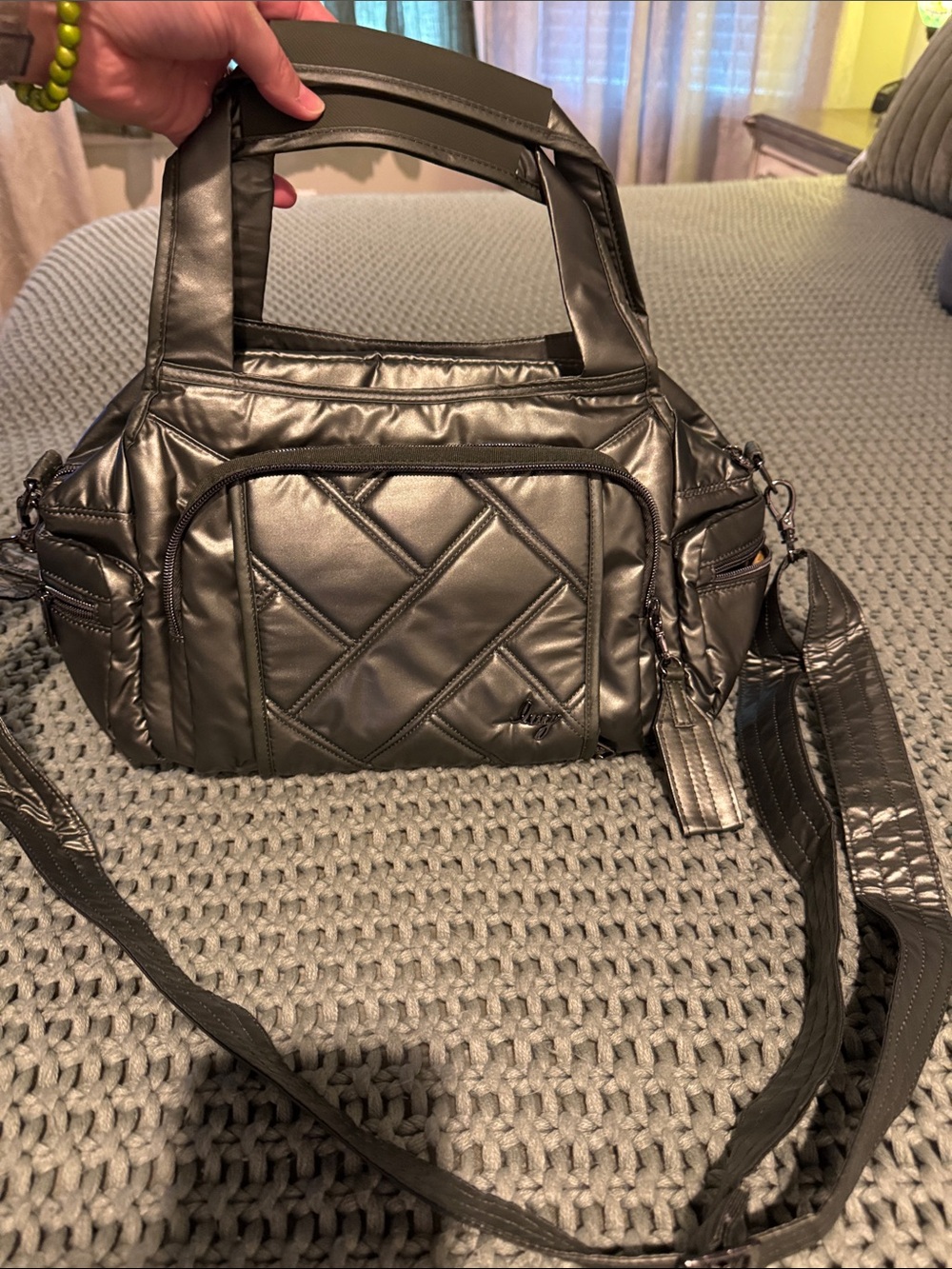 Lug Quilted Metallic crossbody Bag with top handles - olive green